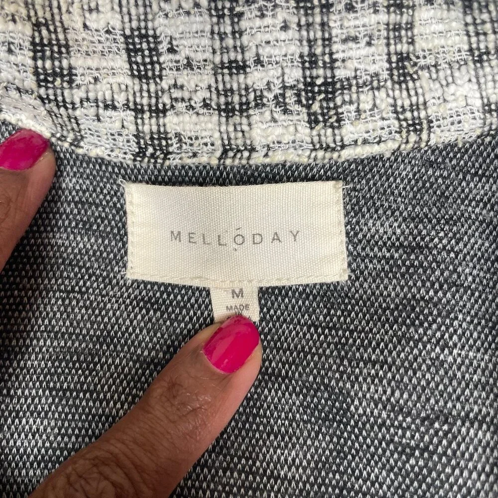 Melloday Black White Plaid Open Front Cotton Blend Longline Coat Jacket M